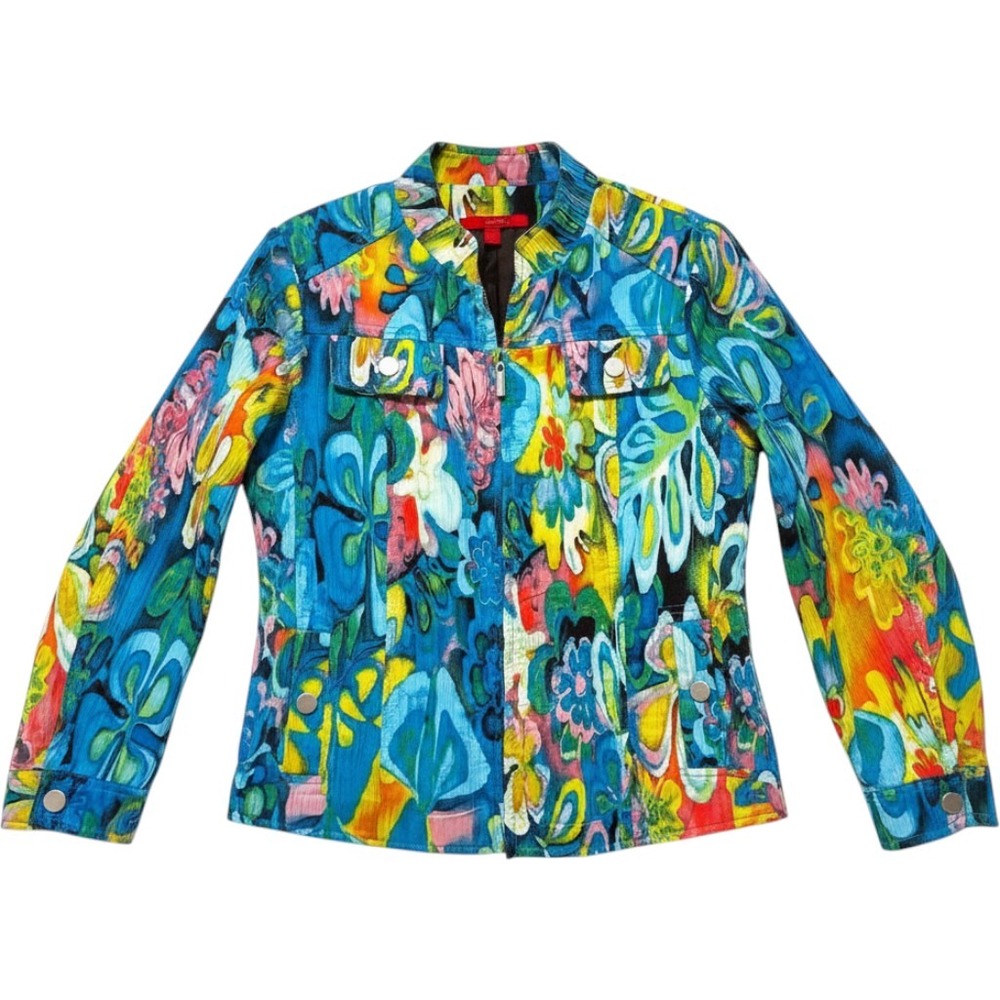 Joni B. Jacket Multicolor Abstract Floral Art to Wear Zip Up Women Small